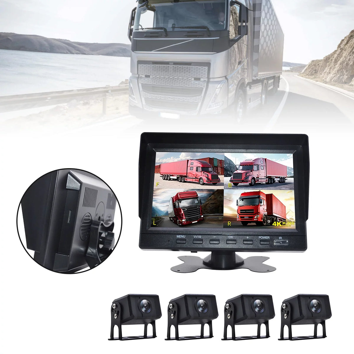 7" Monitor DVR Driving Video Recorder for RV Truck Bus+4 Rear View Backup Camera B