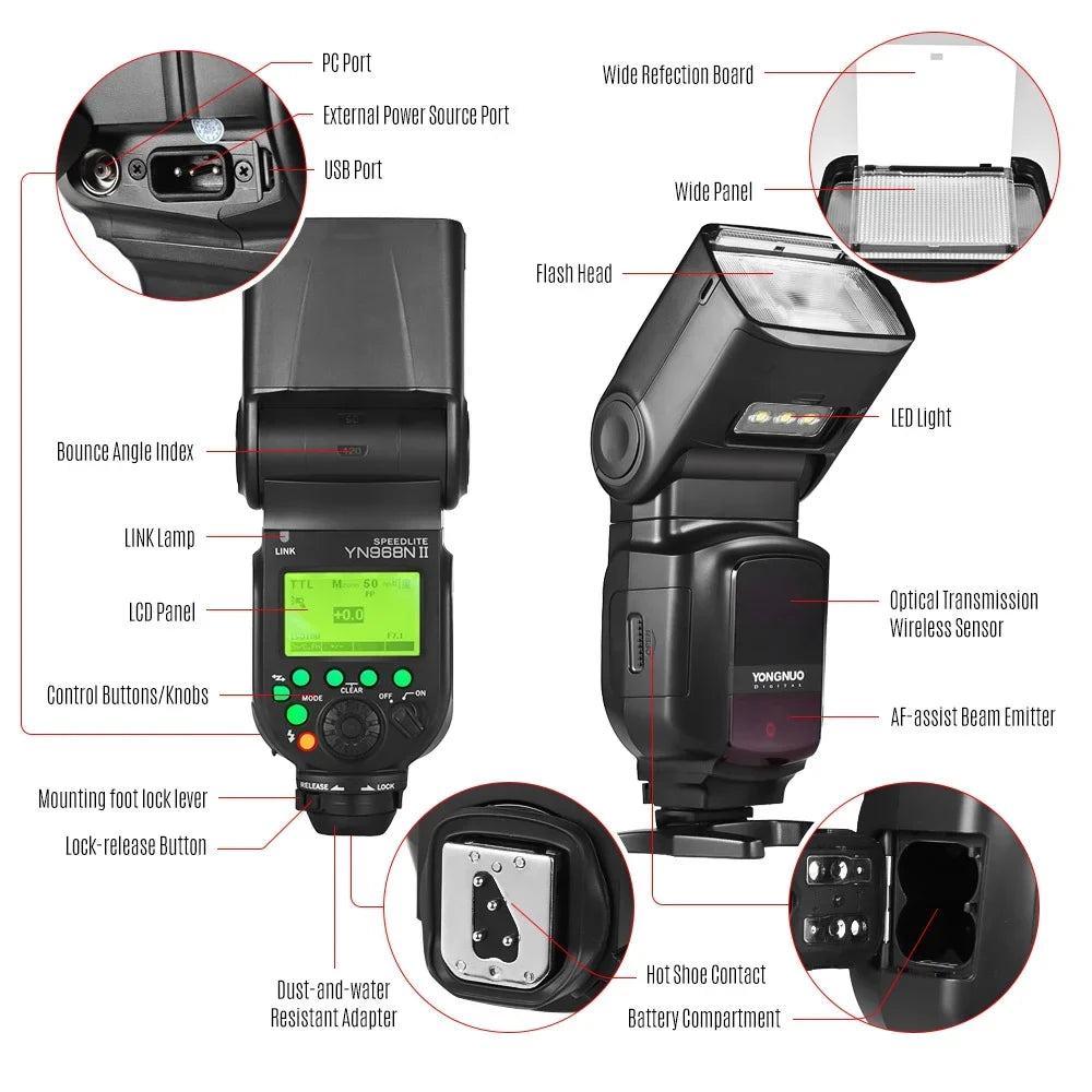 YONGNUO YN968N II Wireless TTL Flash Speedlite with Built-in 5600K LED Light; 1/8000s HSS; Compatible with Nikon DSLR Cameras and YN622N YN560 Wireless System