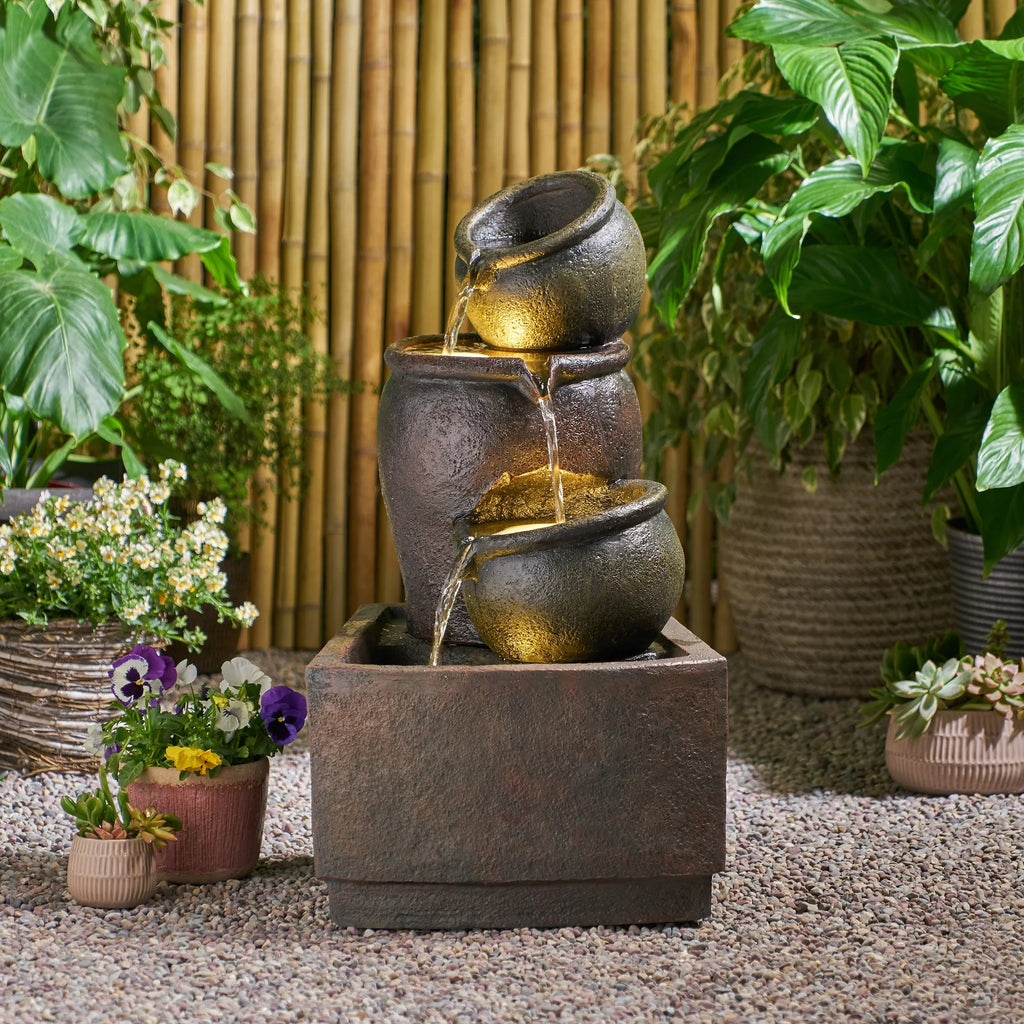 GDF Studio Morrigan Outdoor 3 Tier Jar Fountain; Rustic Multibrown