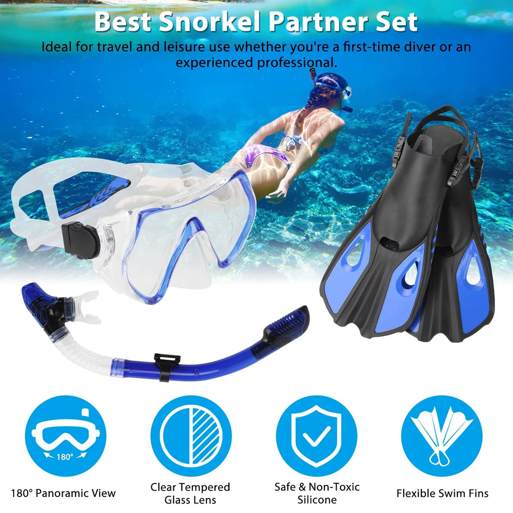 iMounTEK Adults Snorkel Set; Mask; Fins; Dry Top Diving Snorkel Included; Diving Swimming Training Snorkel Kit;Green[L_XL]