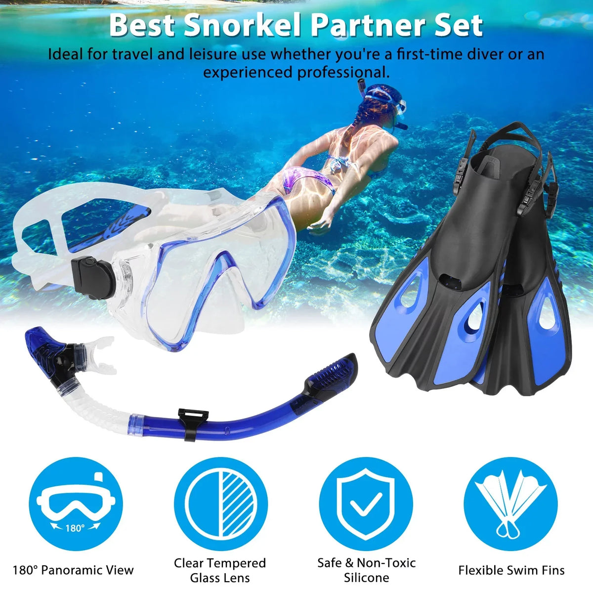 iMounTEK Adults Snorkel Set; Mask; Fins; Dry Top Diving Snorkel Included; Diving Swimming Training Snorkel Kit;Green[L_XL]