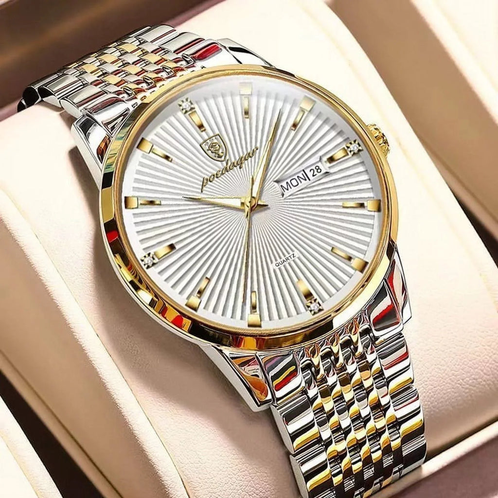 POEDAGAR Luxury Business Men's Watches Ultra Thin Liquidproof Luminous Date&Week Stainless Steel Men Watch Quartz Male Clock Gift