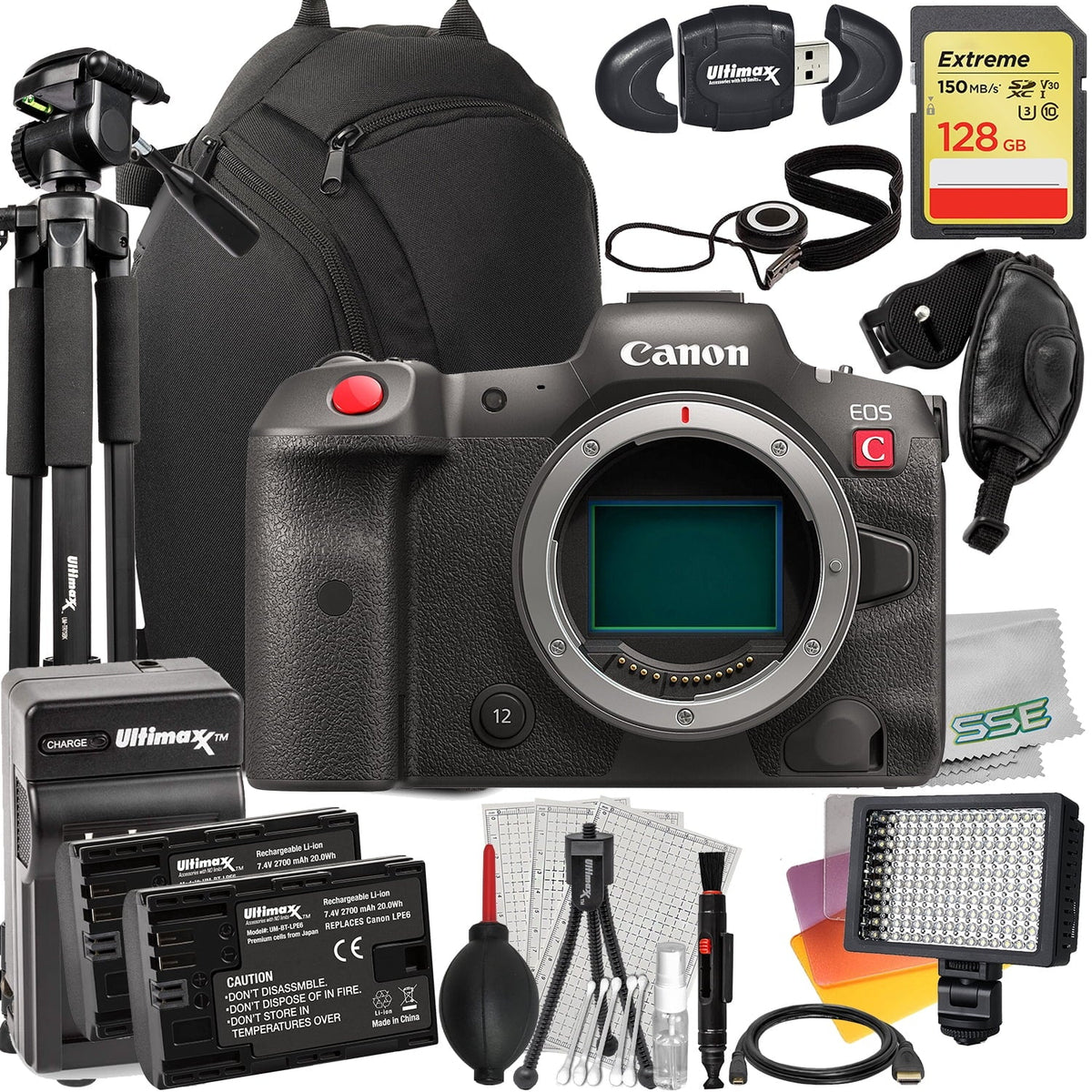 Ultimaxx Advanced Canon R5 C Mirrorless Cinema Camera Bundle - Includes: 128GB Extreme Memory Card; 2x Replacement Batteries; 160 LED Video Light & Much More (25pc Bundle)