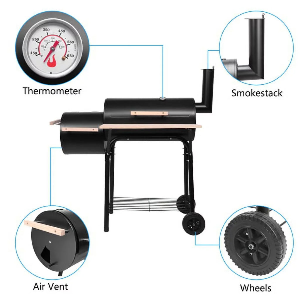 Grill; DFITO Charcoal BBQ Grill Outdoor Charcoal Grill with Smoker; 24.4" L x 29.6" H BBQ Grill with Side Burner/Thermometer; Small Grills Outdoor Cooking for Camp Backyard; Black