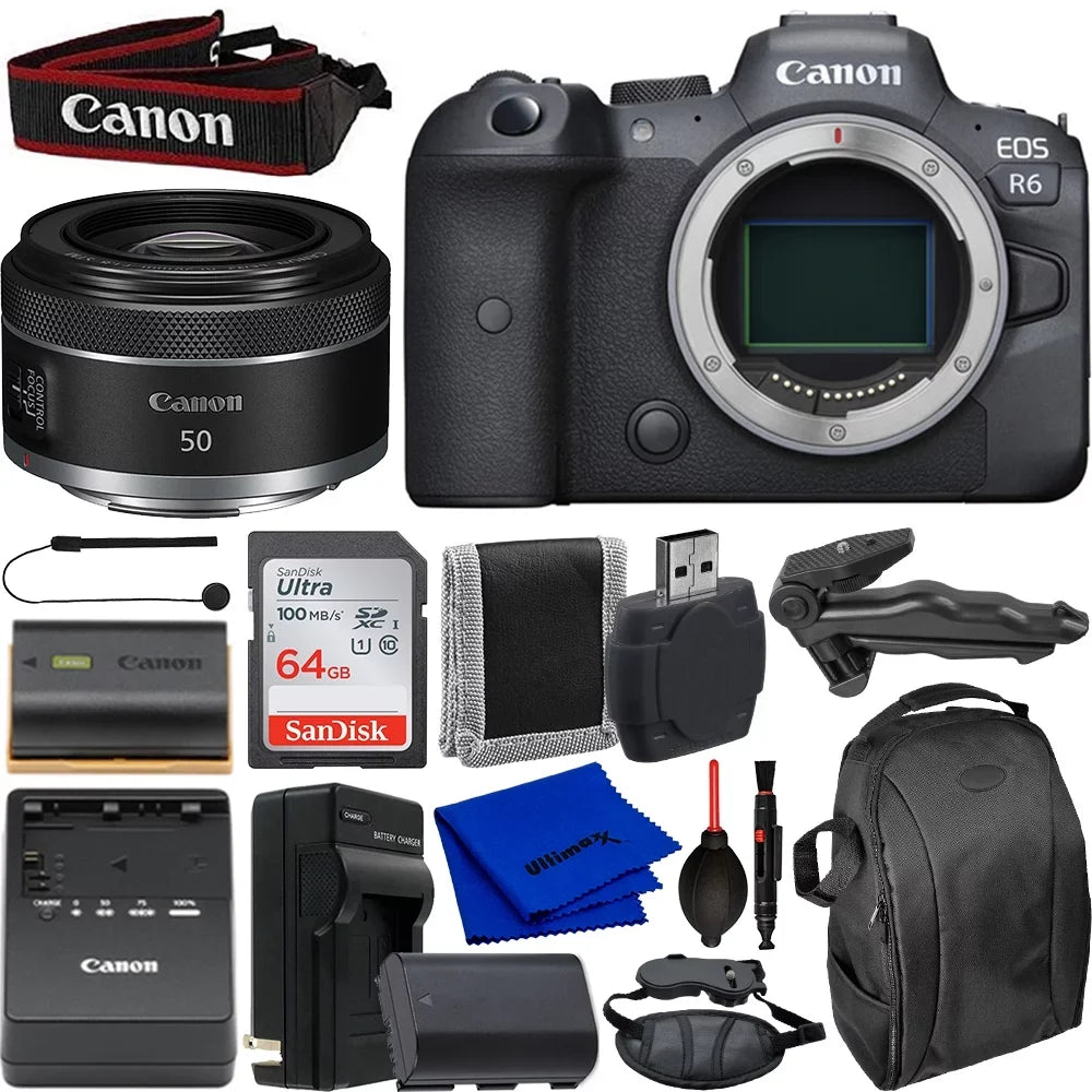 Ultimaxx Starter Canon EOS R6 Mirrorless Camera with RF 50mm f/1.8 STM Lens Bundle - Includes: 64GB Ultra Memory Card; Replacement Battery & Much More