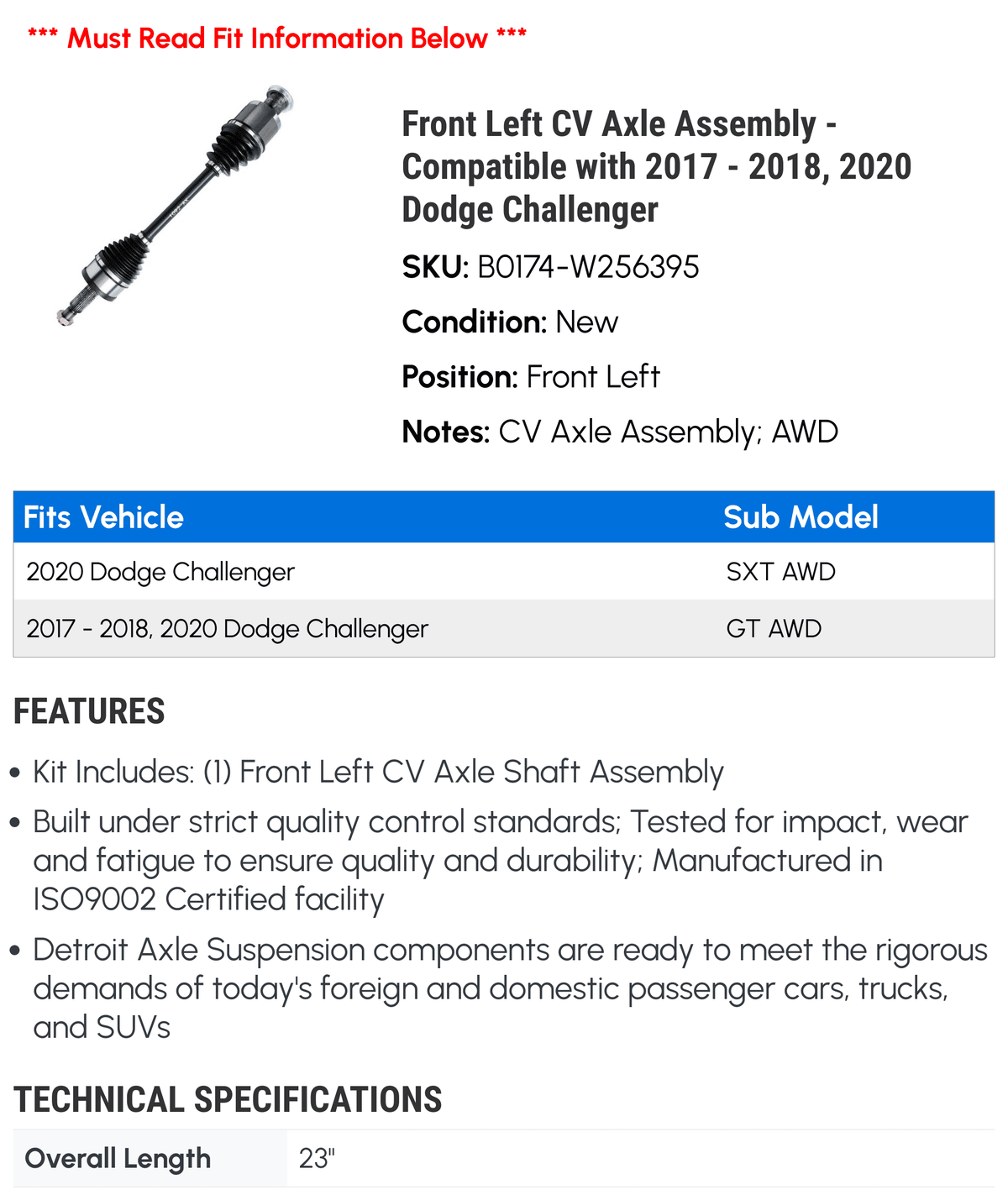 Front Left CV Axle Assembly - Compatible with 2017 - 2018; 2020 Dodge Challenger