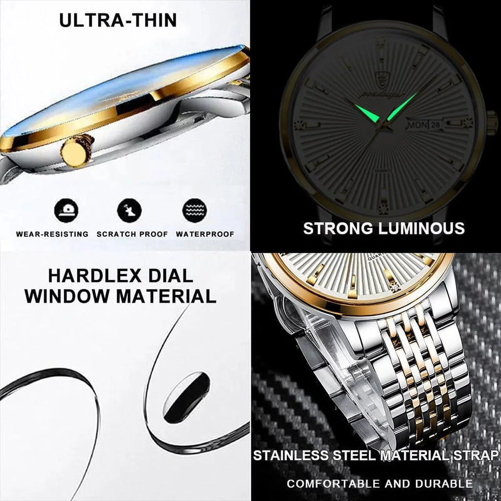POEDAGAR Luxury Business Men's Watches Ultra Thin Liquidproof Luminous Date&Week Stainless Steel Men Watch Quartz Male Clock Gift