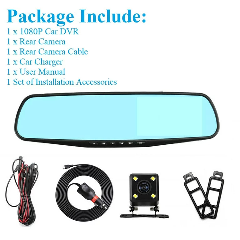 1 Pack 1080P Rearview Mirror Car Camera 4.3" Dash Cam for Cars Trucks;170°Wide Angle Dual Lens Car Cam Front Rear DVR Monitor; Night Vision;Parking Monitor;Motion Detection;G-sensor
