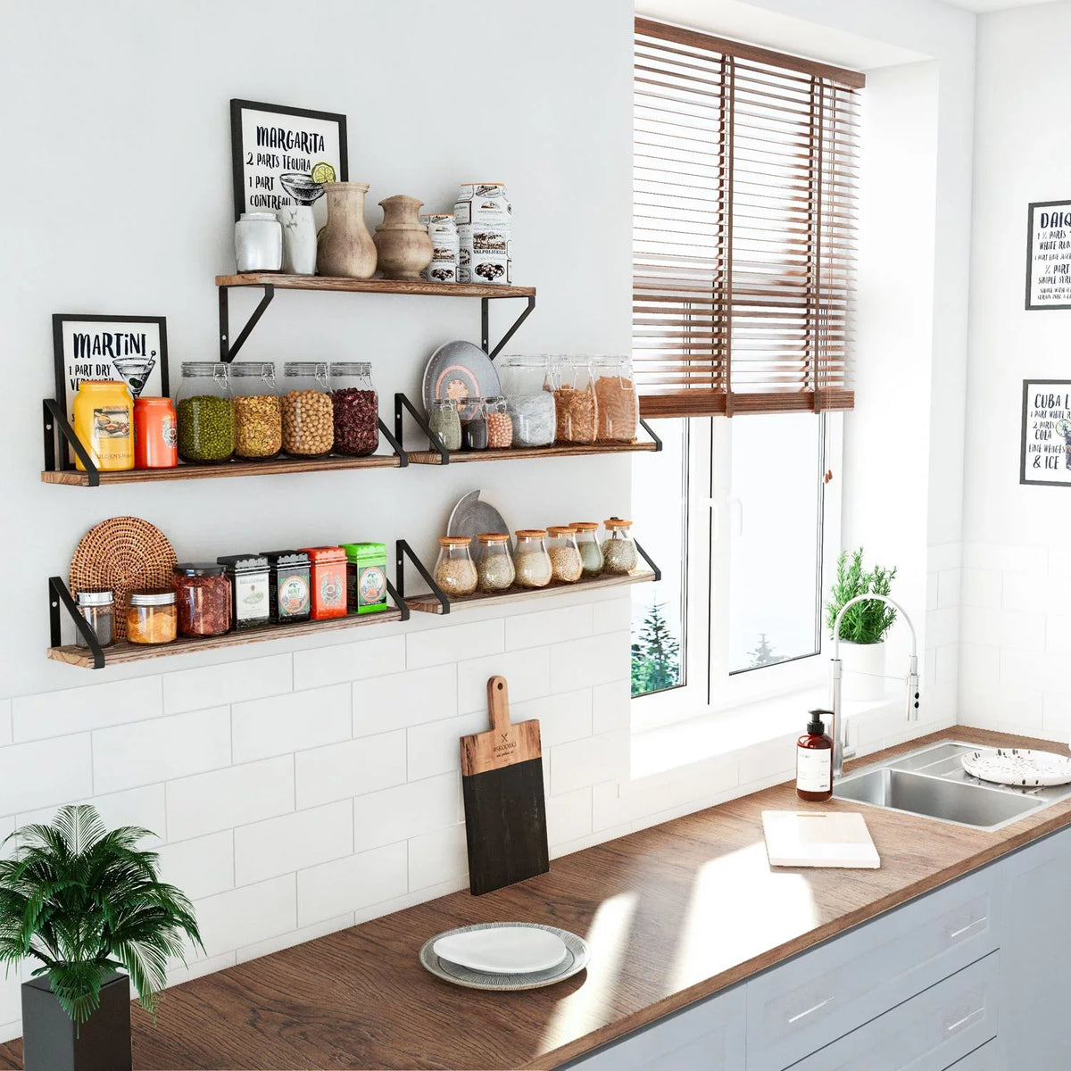 Wallniture Ponza 24" Wall Mounted Rustic Floating Shelf with Brackets for Kitchen Living Room Bedroom; Natural Burned; Set of 5