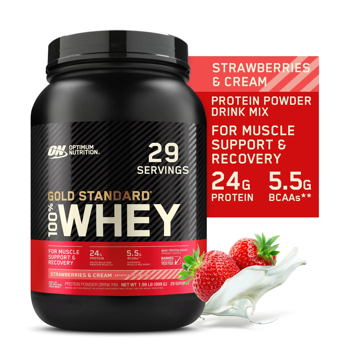 Optimum Nutrition; Gold Standard 100% Whey Protein Powder; 24 g Protein; Strawberries & Cream; 1.98 lb; 29 Servings