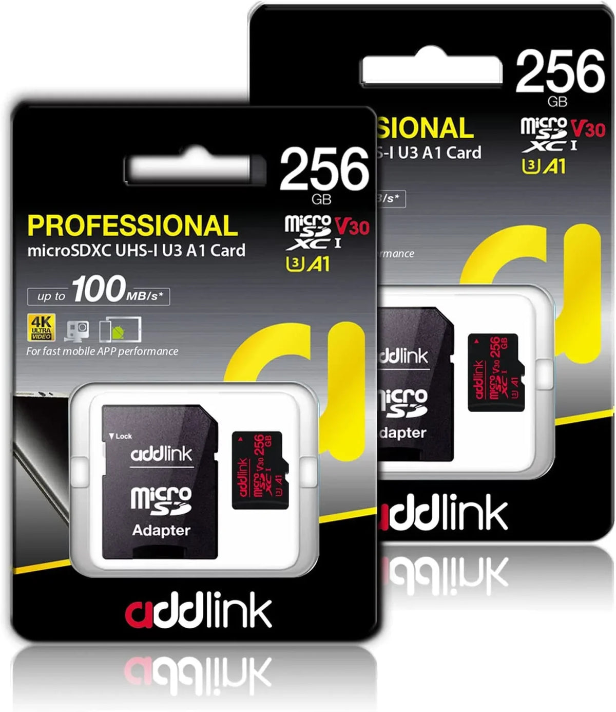 addlink roSDXC 256GB 2-Pack + Adapter UHS-1 U4 V30; Compatible for Android Smartphones; Camera; Dash Cam Tablets; Go