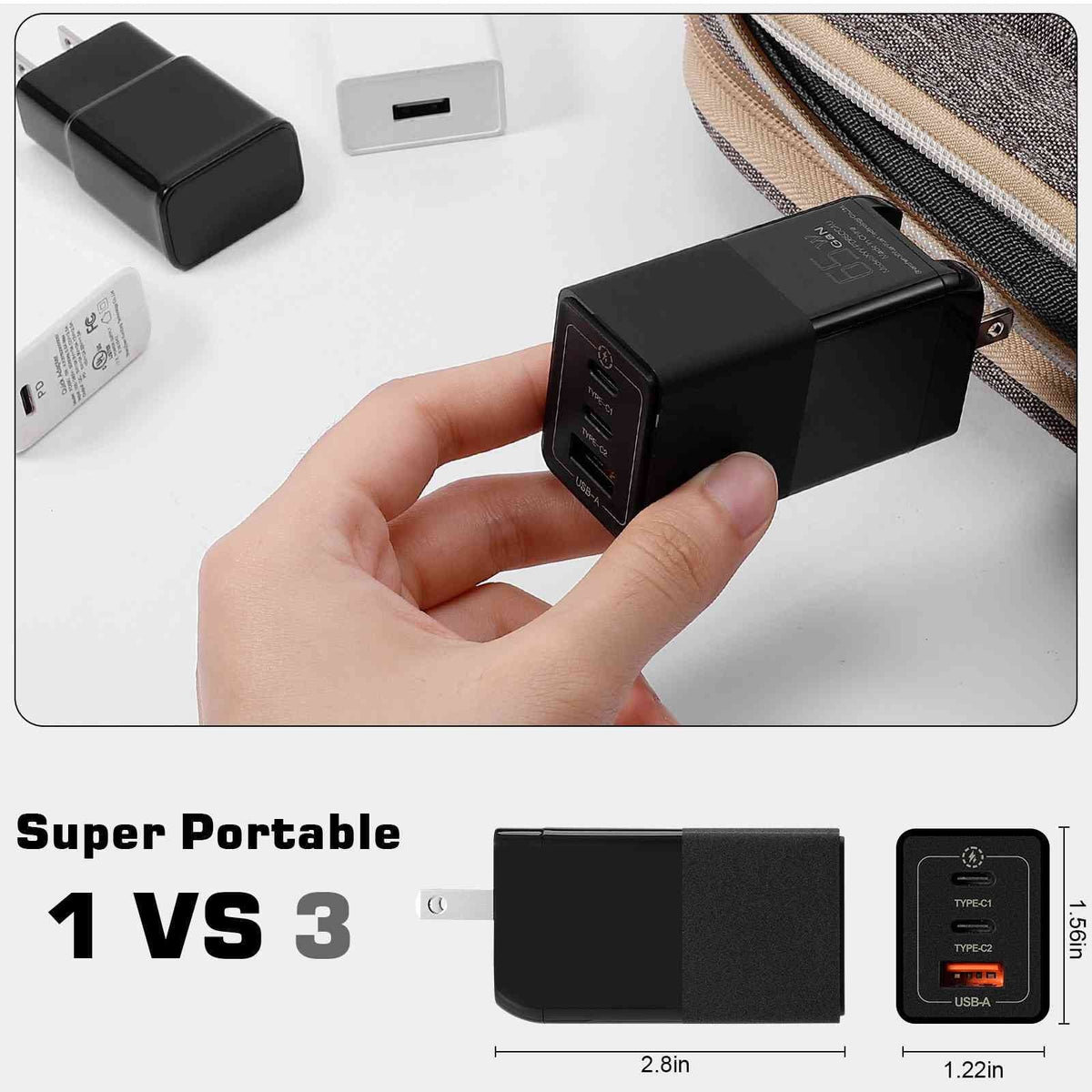 UrbanX 65W Fast Travel Charger with 3 Ports - USB & Dual USB-C - High-Speed Charging Compatible with Coolpad Cool S1; iPhone; Samsung Galaxy; Google Pixel; MacBook; Steam Deck; Devices & Phones