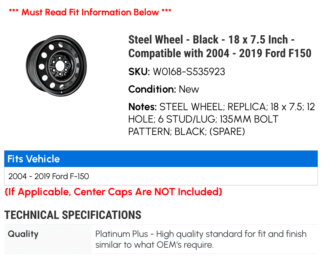 Steel Wheel - Black - 18 x 7.5 cm - Compatible with 2004 - 2019 Ford F150 2005 2006 2007 2008 2009 2010 2011 2012 2013 2014 2015 2016 2017 2018