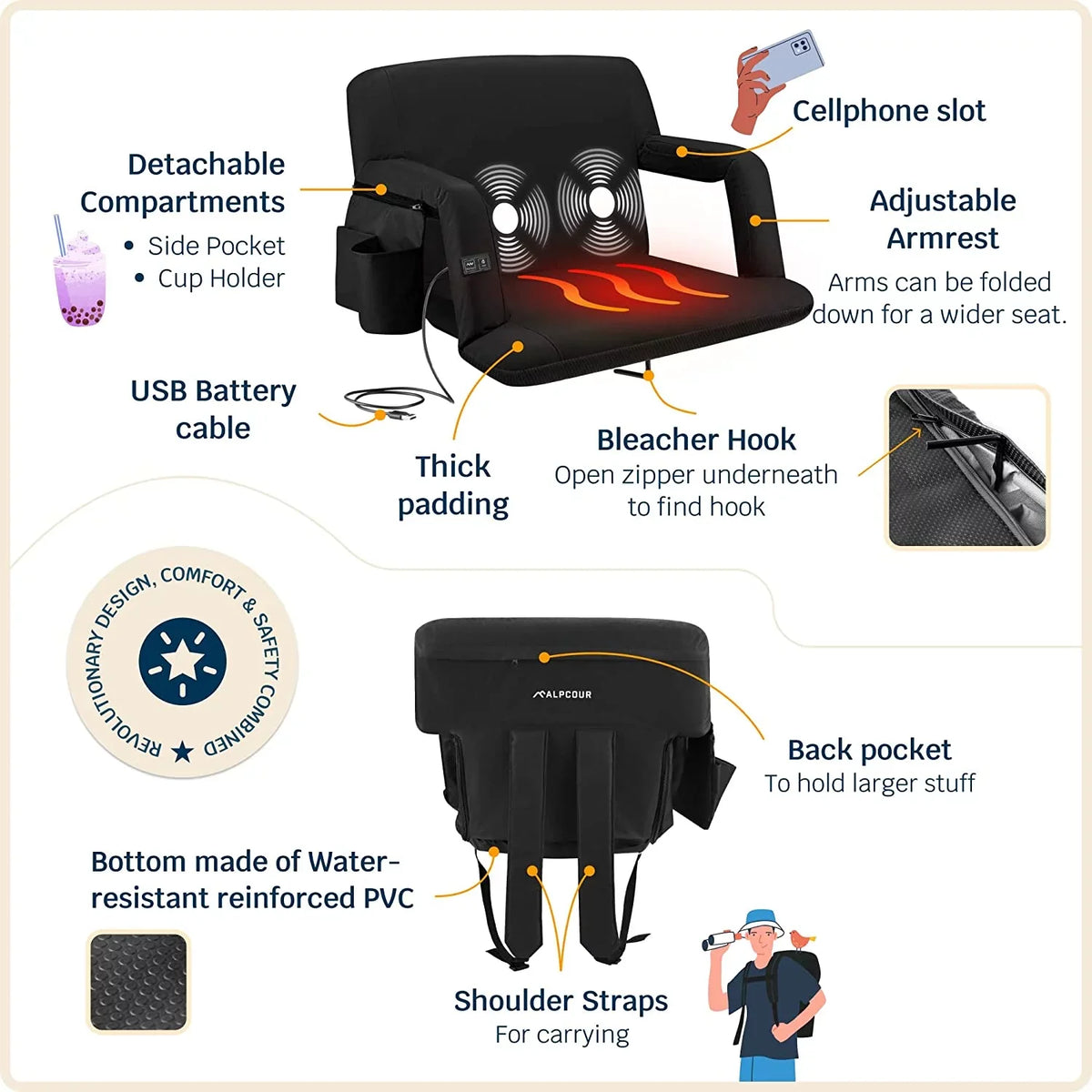 Alpcour X-Wide Heated Massage Reclining Stadium Seat - Extra Thick Liquidproof Chair with Wide Back Support - Black