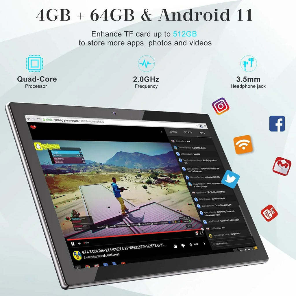 10.1 mm Android 11 Tablet; Newest 2 in 1 Tablets; 4GB RAM+64GB ROM Quad-Core Processor; 1280*800 FHD Tableta with Keyboard/Mouse/Case/Stylus/Tempered Film; 8MP Dual Camera 6000mAh Battery 10" Tab PC