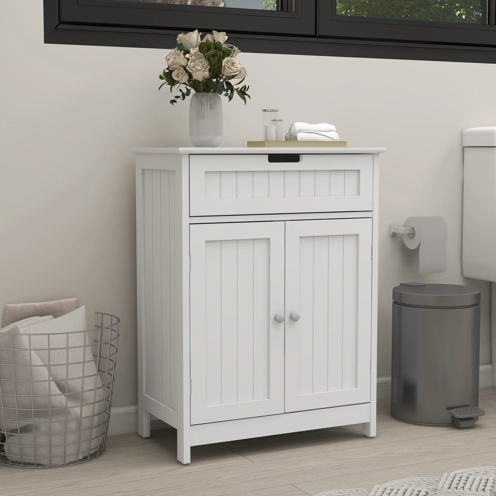 Versatile Bathroom Floor Cabinet in White Freestanding Wood Storage Organizer 2 Doors; 1 Drawer Adjustable Shelf Elegant Design for Bathroom and Living Room.