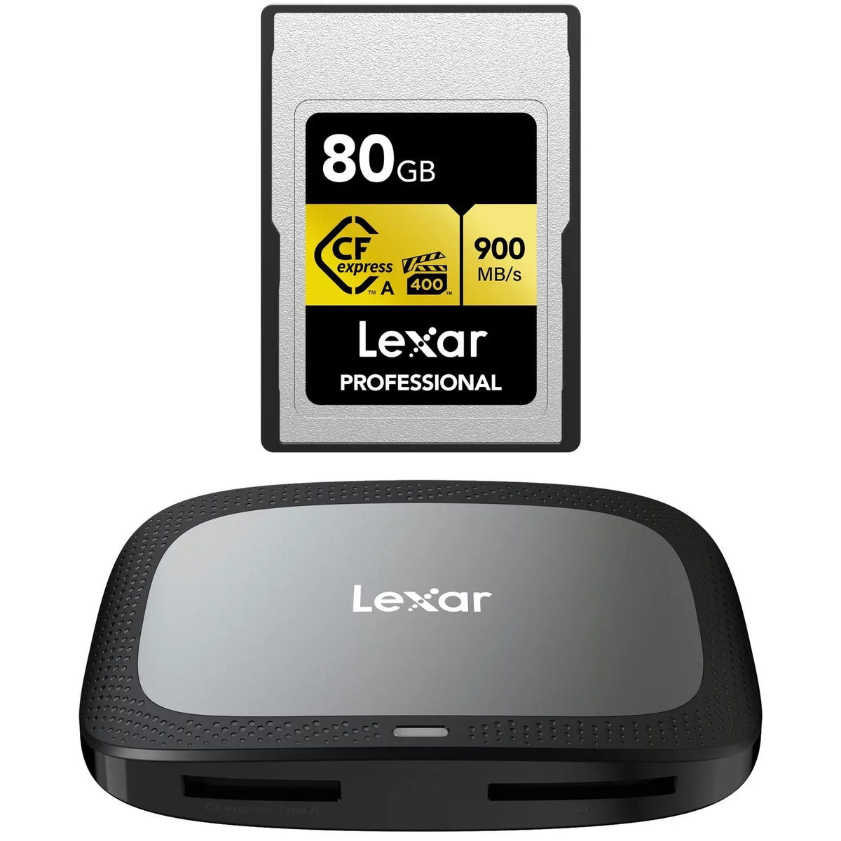 Lexar CFexpress Type A Pro Gold R900/W800 Memory Card; 80GB Bundle with Card Reader
