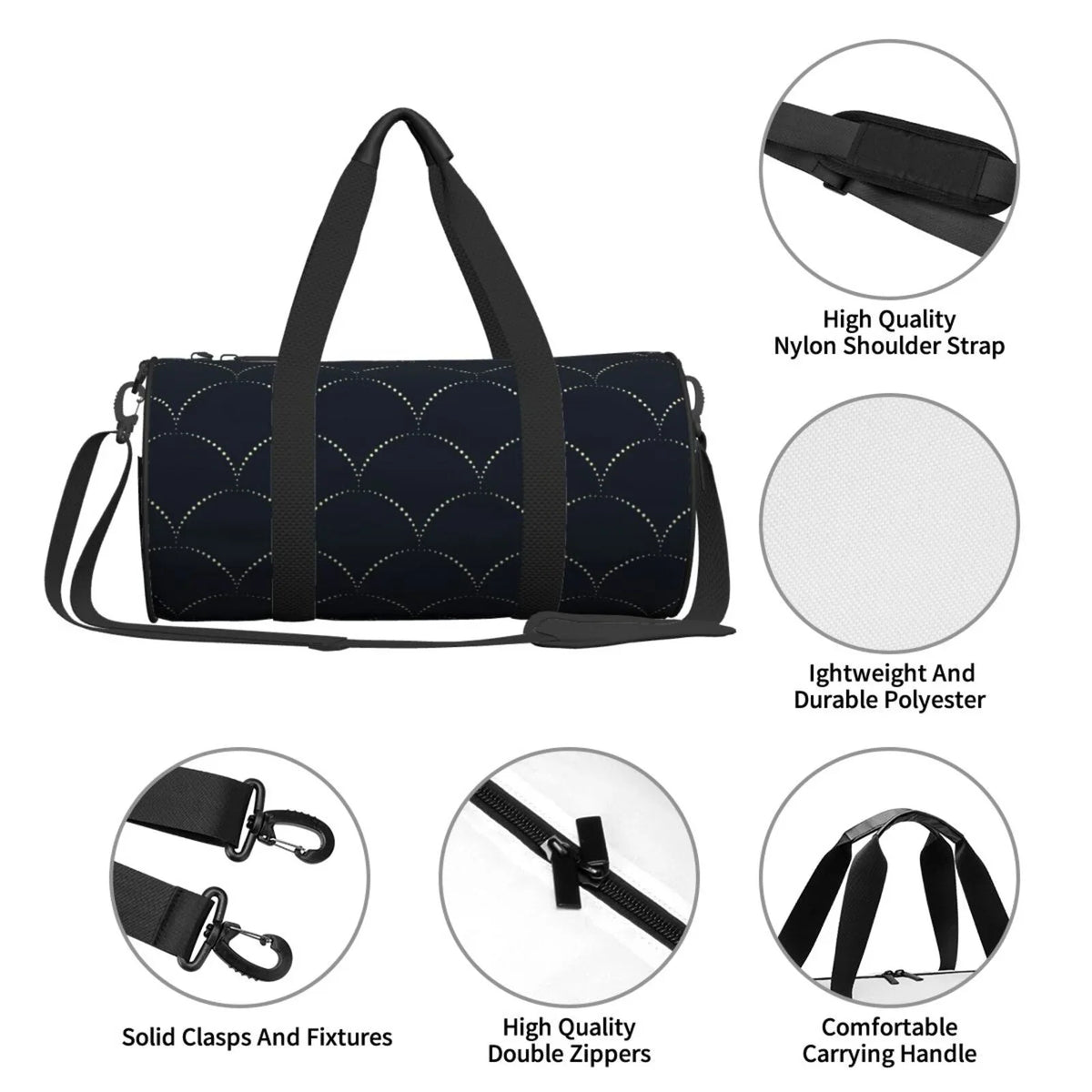 Coaee Black Fish scales Large Capacity Travel Luggage Bag Cylinder Gym Bag Liquidproof Sports Bag with Pocket and Compartment