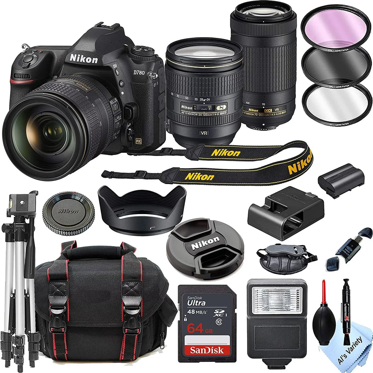 Nikon D780 DSLR Camera with 24-120mm VR and 70-300mm VR Lenses + 32GB Card; Tripod; Flash; and More 19pc Bundle