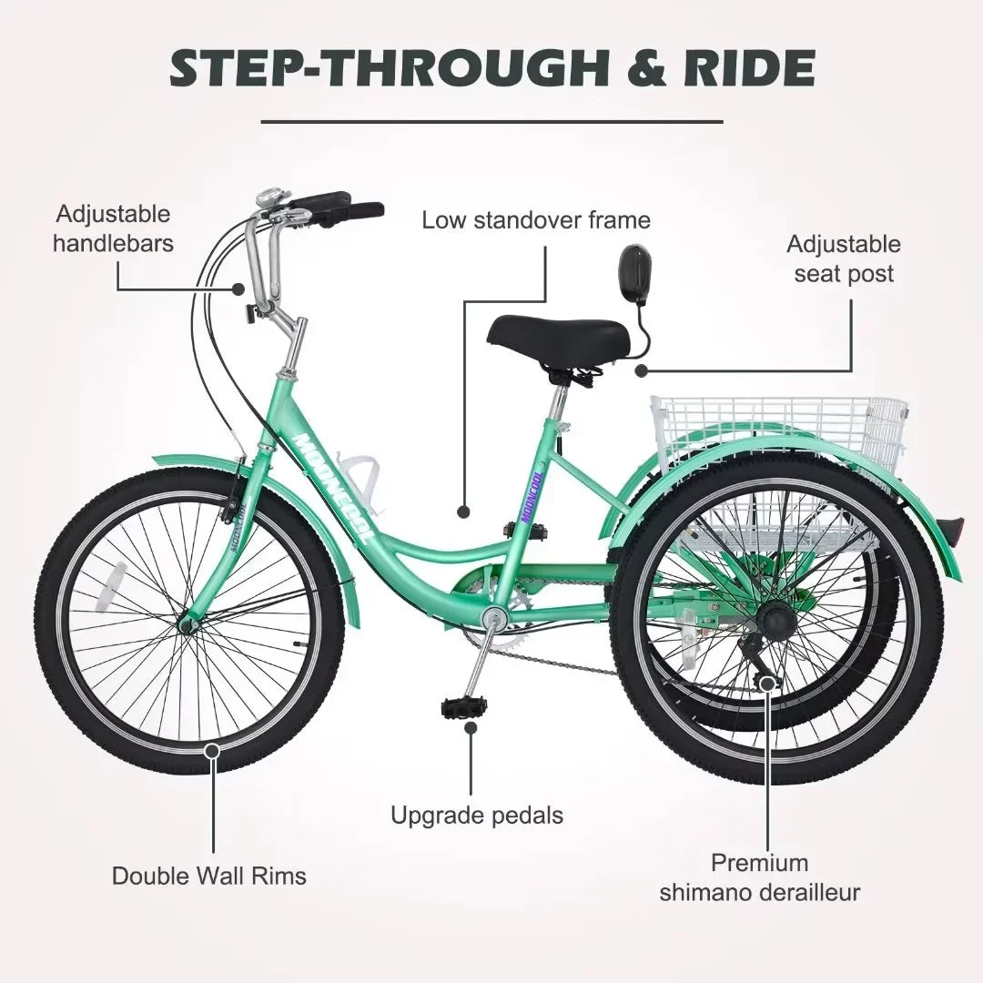 NAIZEA 20" Adult Tricycle; 7 Speed Cruise Trike with Large Basket for Men; Women; Seniors; 3 Wheel Bikes for Exercise Shopping Picnic Outdoor Activities