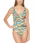 DKNY MULTI Printed Ruffled Tummy-Control One-Piece Swimsuit; US 10