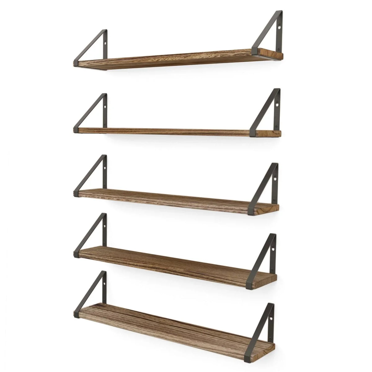Wallniture Ponza 24" Wall Mounted Rustic Floating Shelf with Brackets for Kitchen Living Room Bedroom; Natural Burned; Set of 5
