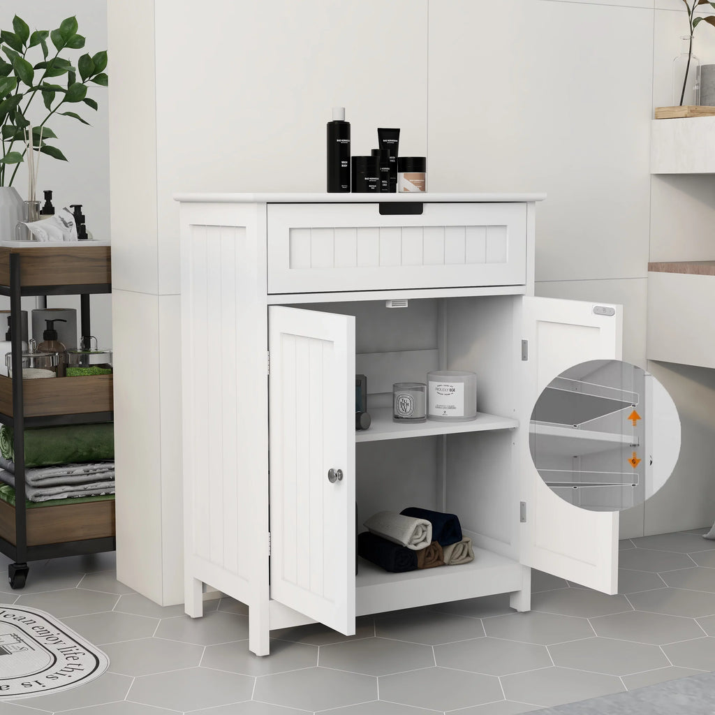 Versatile Bathroom Floor Cabinet in White Freestanding Wood Storage Organizer 2 Doors; 1 Drawer Adjustable Shelf Elegant Design for Bathroom and Living Room.