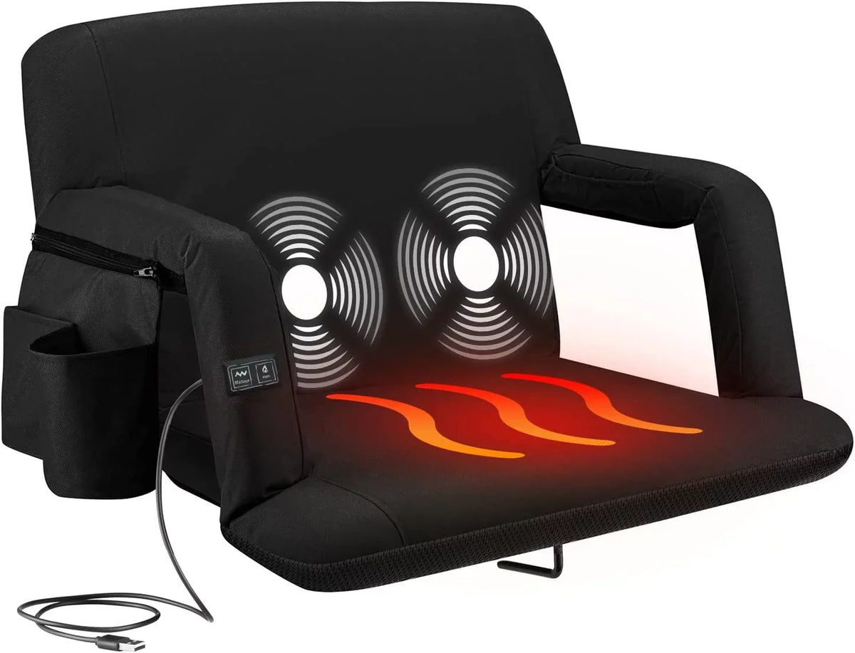 Alpcour X-Wide Heated Massage Reclining Stadium Seat - Extra Thick Liquidproof Chair with Wide Back Support - Black