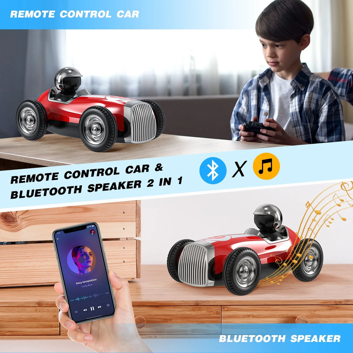 AUOSHI Remote Control Car with 2.4MHz Wireless Bluetooth Speaker 2 Speed Mode Fast RC Car for Kids RC Trucks Music RC Stunt Car Toys for Boys Girls Gifts; Red