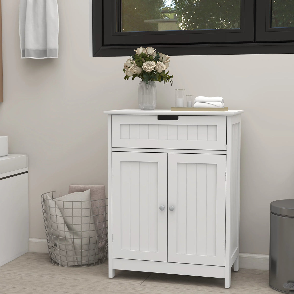 Versatile Bathroom Floor Cabinet in White Freestanding Wood Storage Organizer 2 Doors; 1 Drawer Adjustable Shelf Elegant Design for Bathroom and Living Room.