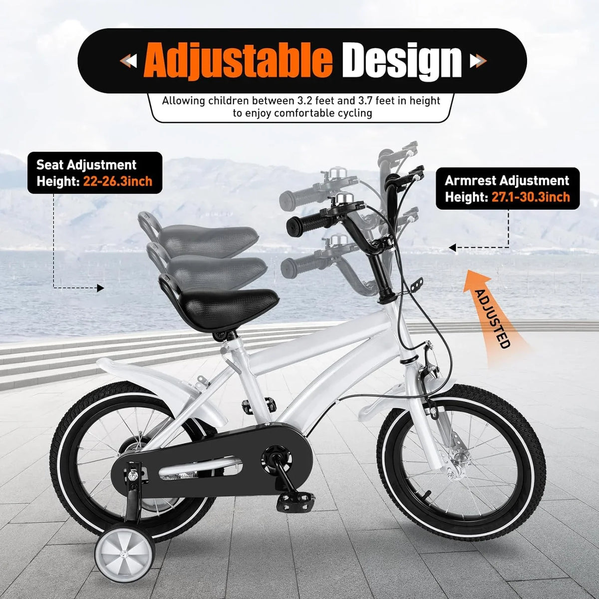 14 foot White Kids Bike Kids Mountain Bike; Bicycle for Kids 2-4; Bicycle with Training Wheels; Adjustable Height Kids Bike for Boys/Girls; Multiple Colors