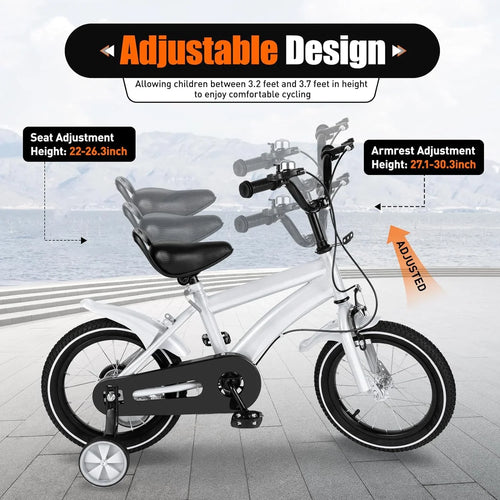 14 foot White Kids Bike Kids Mountain Bike; Bicycle for Kids 2-4; Bicycle with Training Wheels; Adjustable Height Kids Bike for Boys/Girls; Multiple Colors
