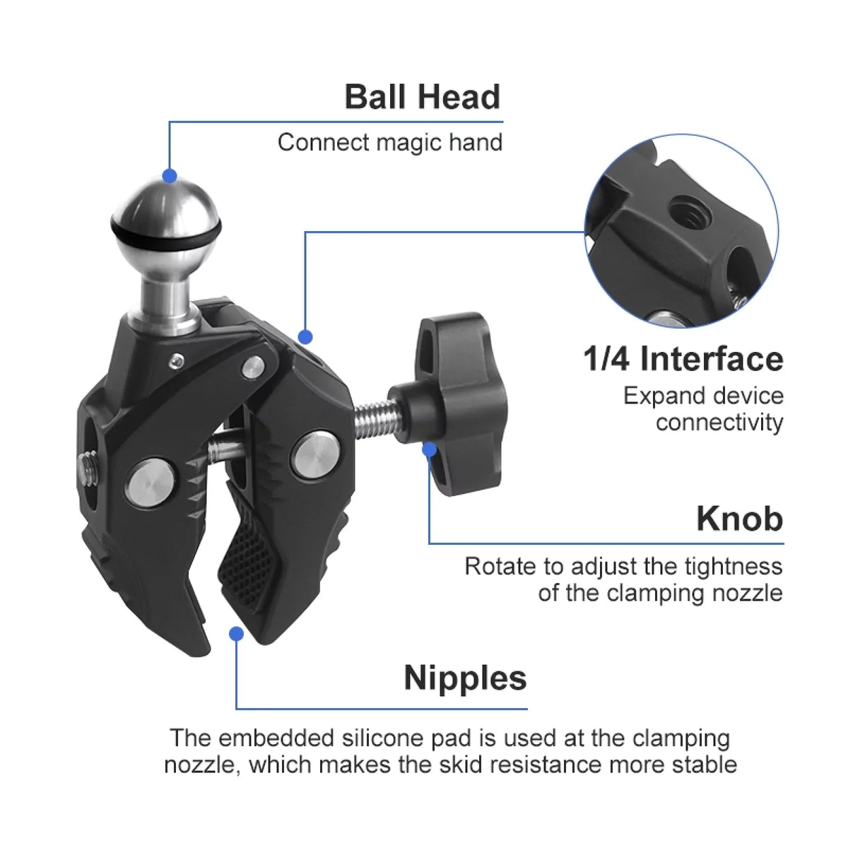Aluminum Alloy Camera Mount Clamp - Bicycle Handlebar Adapter; 1.5kg Load Capacity; Dual Rotatable Ball Head; Adapter; Compatible with AKASO; DJI; Hero 11/10/9/8/7; Insta360