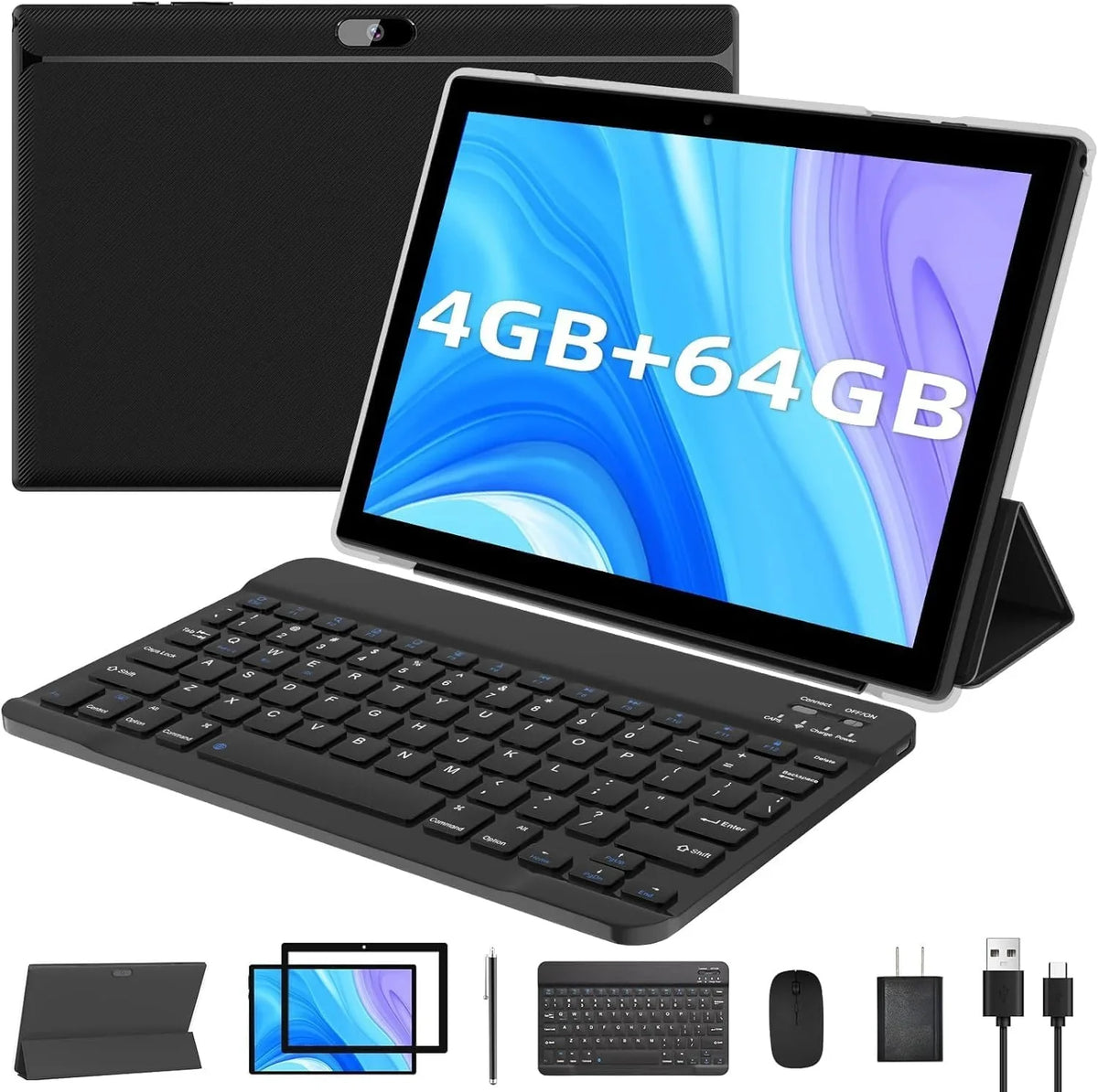 10.1 mm Android 11 Tablet; Newest 2 in 1 Tablets; 4GB RAM+64GB ROM Quad-Core Processor; 1280*800 FHD Tableta with Keyboard/Mouse/Case/Stylus/Tempered Film; 8MP Dual Camera 6000mAh Battery 10" Tab PC