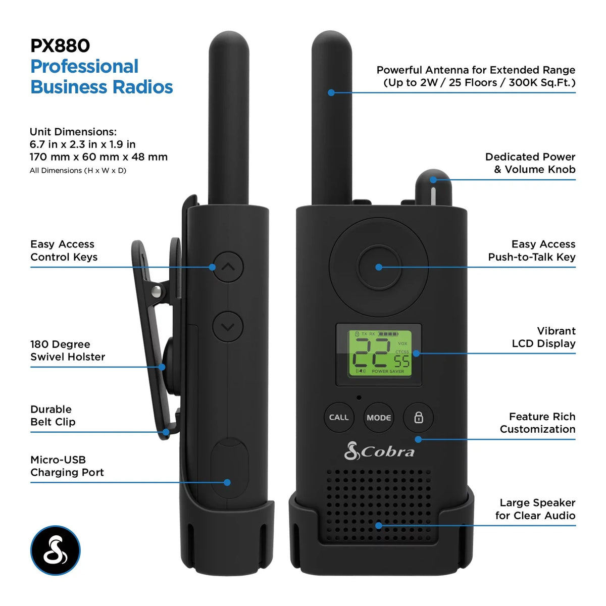 Cobra® MicroTALK CBA-PX880 Two-Way Radios; Black; Pack Of 2 Radios