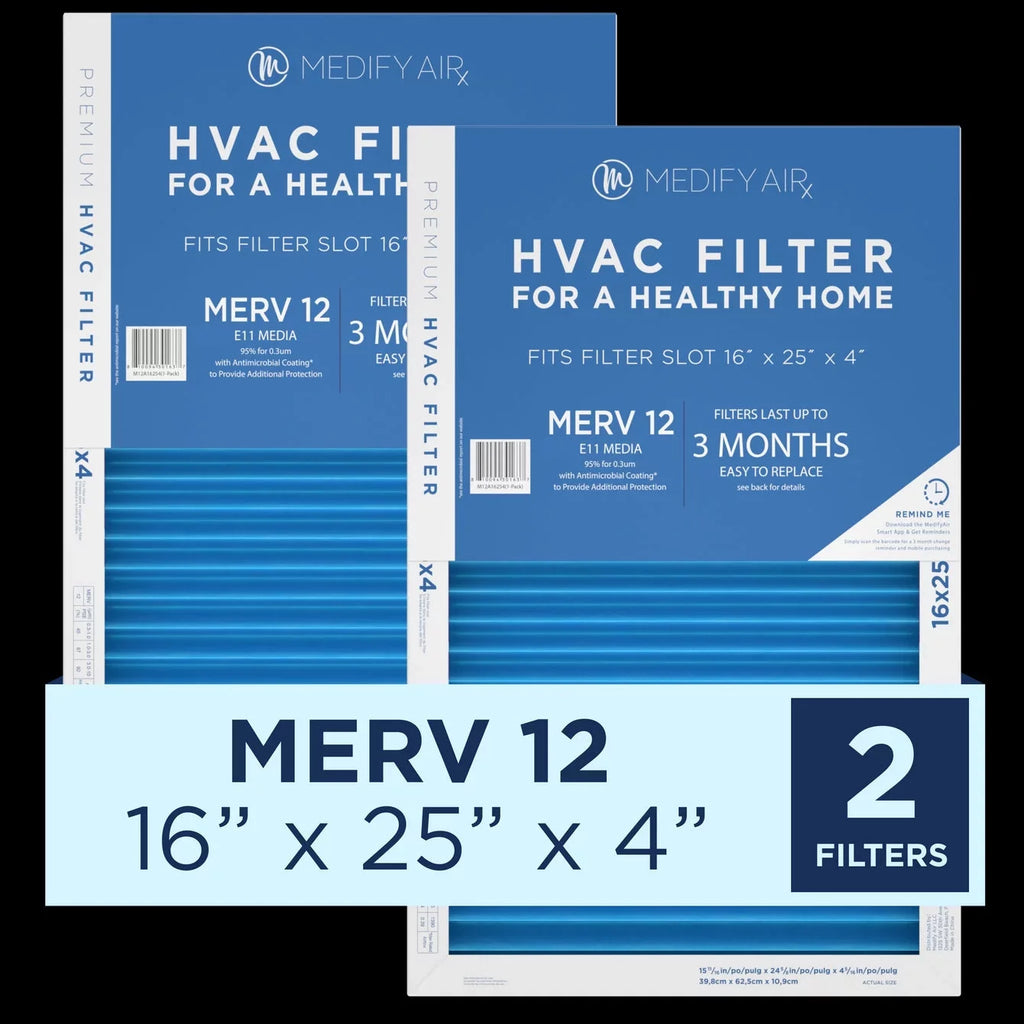 Medify Air 16x25x4 MERV 12 Air Pleated Filter 95% Particles HEPA Air Cleaning (MERV 12; 2-Pack)