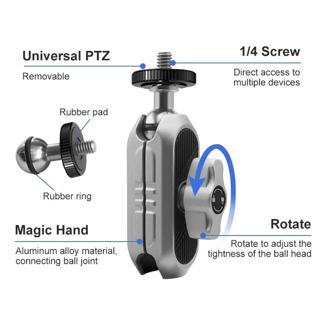 Aluminum Alloy Camera Mount Clamp - Bicycle Handlebar Adapter; 1.5kg Load Capacity; Dual Rotatable Ball Head; Adapter; Compatible with AKASO; DJI; Hero 11/10/9/8/7; Insta360