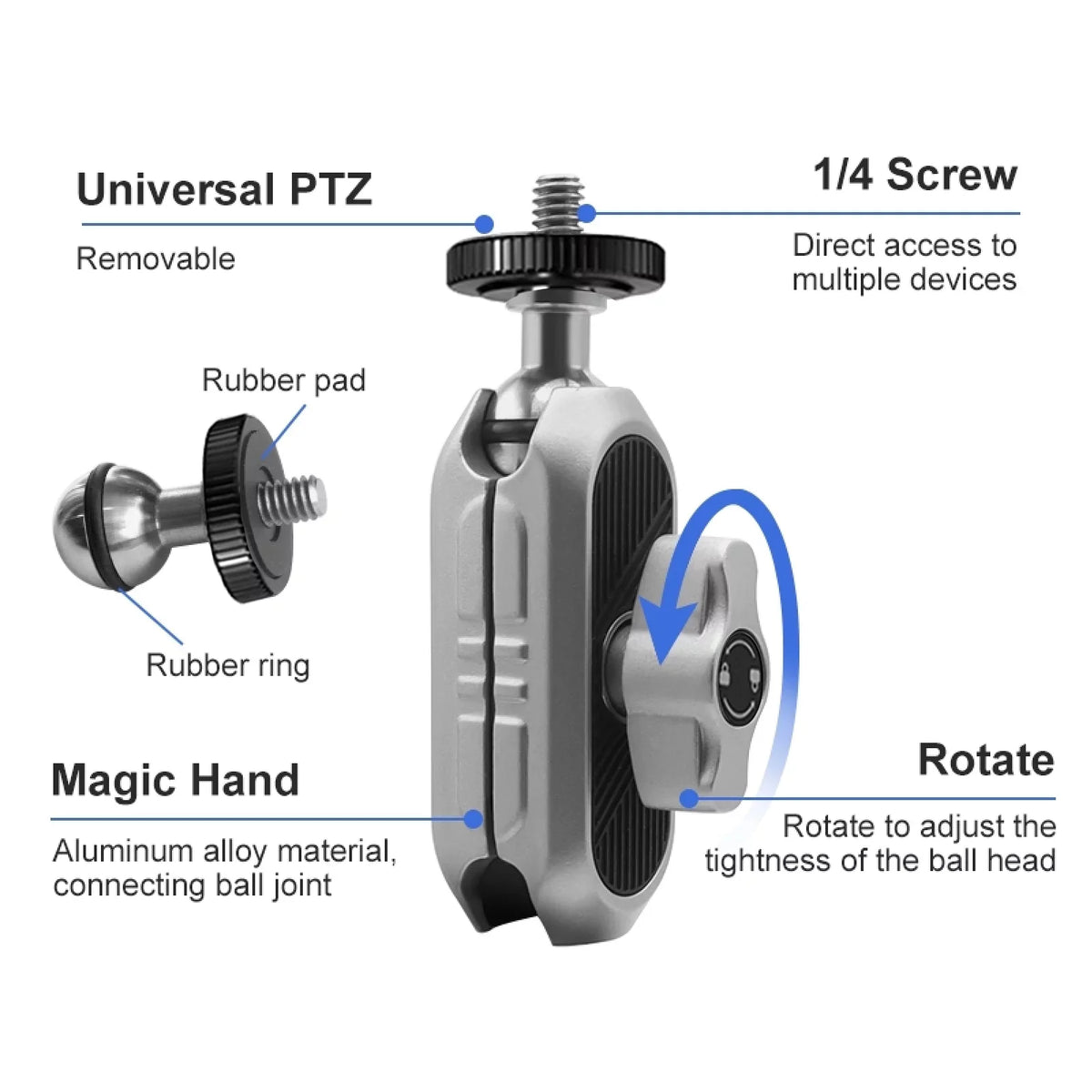 Aluminum Alloy Camera Mount Clamp - Bicycle Handlebar Adapter; 1.5kg Load Capacity; Dual Rotatable Ball Head; Adapter; Compatible with AKASO; DJI; Hero 11/10/9/8/7; Insta360