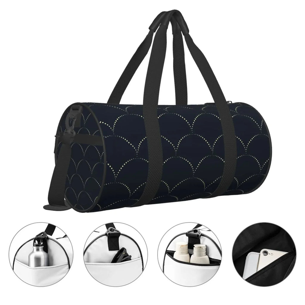 Coaee Black Fish scales Large Capacity Travel Luggage Bag Cylinder Gym Bag Liquidproof Sports Bag with Pocket and Compartment