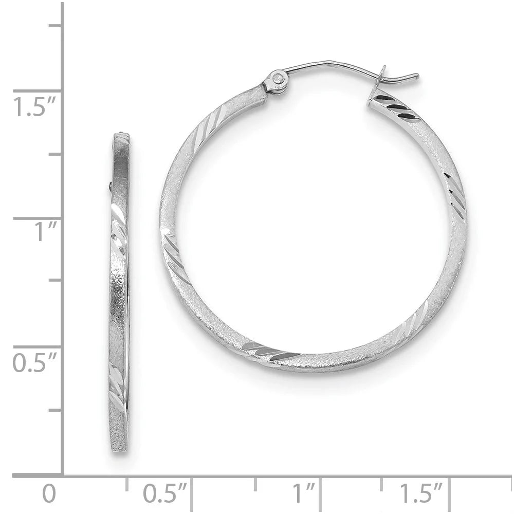 Real 14kt White Gold Satin Diamond-cut Princess Square Tube Hoop Earrings; for Adults and Teens; for Women and Men