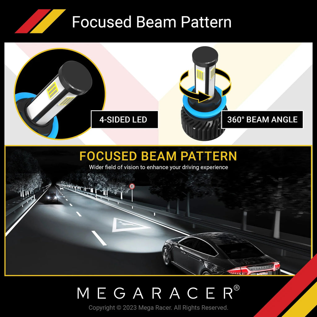 Mega Racer Subaru Outback 4 Sided H11 H9 H8 LED Headlight Bulbs 6000K Diamond White 12V 60W 10000LM Subaru Outback 2015 2016 2017 2018 2019 15 16 17 18 19 Low Beam/ Fog Light Automotive Replacement