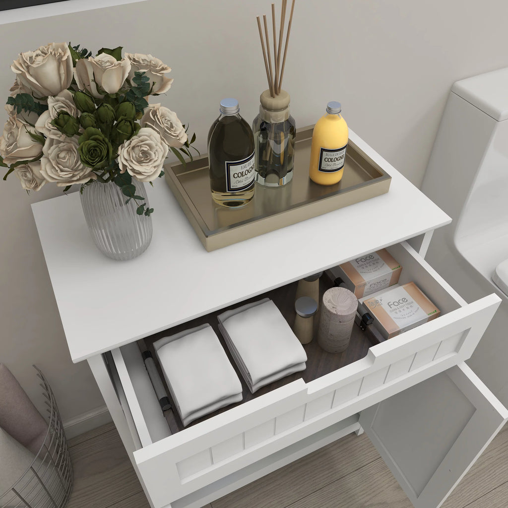 Versatile Bathroom Floor Cabinet in White Freestanding Wood Storage Organizer 2 Doors; 1 Drawer Adjustable Shelf Elegant Design for Bathroom and Living Room.