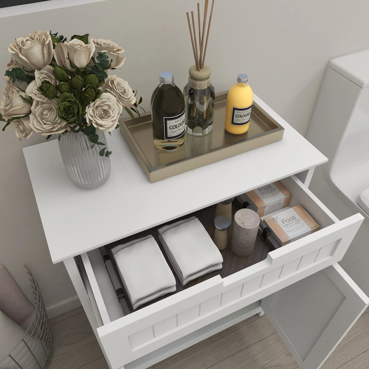 Versatile Bathroom Floor Cabinet in White Freestanding Wood Storage Organizer 2 Doors; 1 Drawer Adjustable Shelf Elegant Design for Bathroom and Living Room.