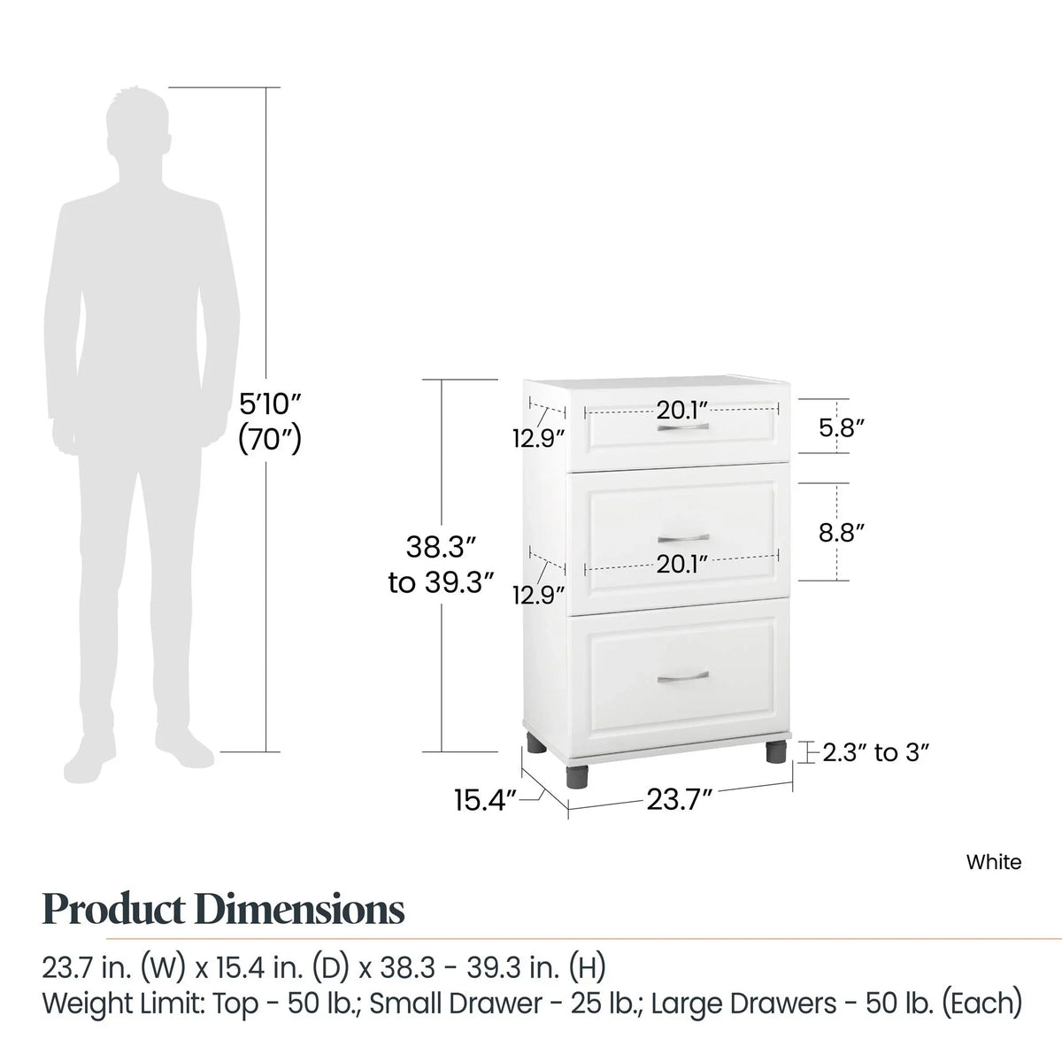 Systembuild Evolution Kendall 24" 3 Drawer Base Garage Storage Cabinet; White