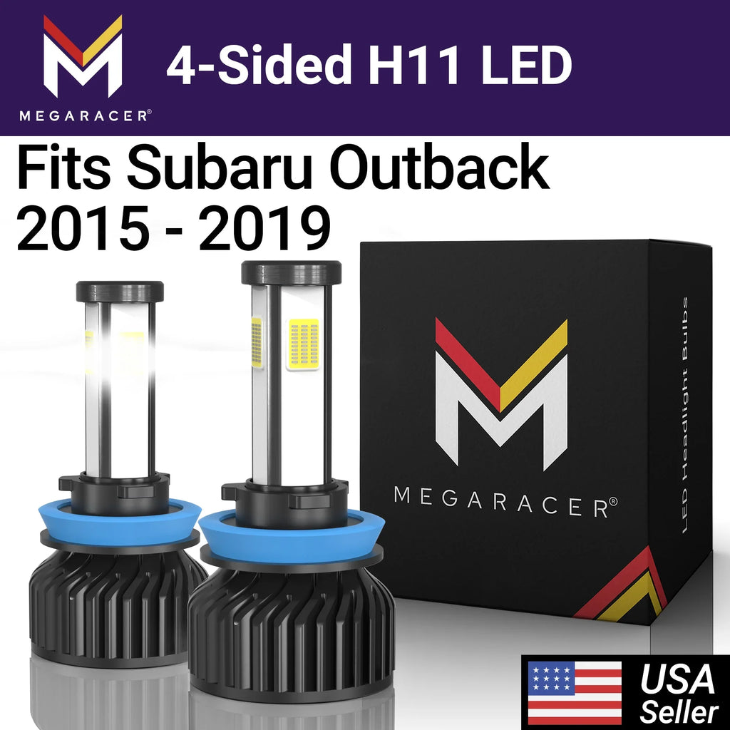 Mega Racer Subaru Outback 4 Sided H11 H9 H8 LED Headlight Bulbs 6000K Diamond White 12V 60W 10000LM Subaru Outback 2015 2016 2017 2018 2019 15 16 17 18 19 Low Beam/ Fog Light Automotive Replacement