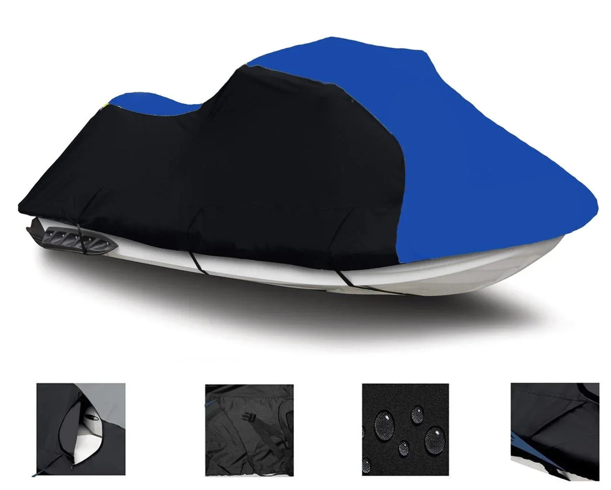 BLACK / BLUE HEAVY-DUTY; 600 DENIER Cover Compatible for Kawasaki Ultra LX 2007 2008 2009 2010 2011 2012 2013 2014 2015 2016 2017 2018 2019 2020 2021 2022 Jet Ski PWC Fluidcraft Cover