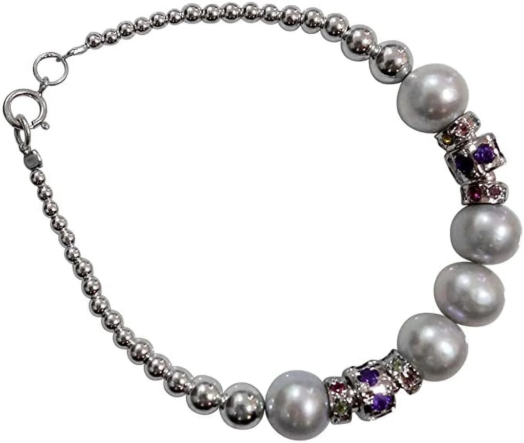 925 Sterling Silver Handmade Designer Bracelet for Women; Pearl; Amethyst Tourmaline Gemstone Fashion Bracelet; Gift Party Jewelry; Charm Bracelet
