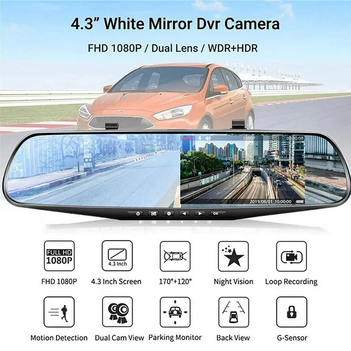 1 Pack 1080P Rearview Mirror Car Camera 4.3" Dash Cam for Cars Trucks;170°Wide Angle Dual Lens Car Cam Front Rear DVR Monitor; Night Vision;Parking Monitor;Motion Detection;G-sensor