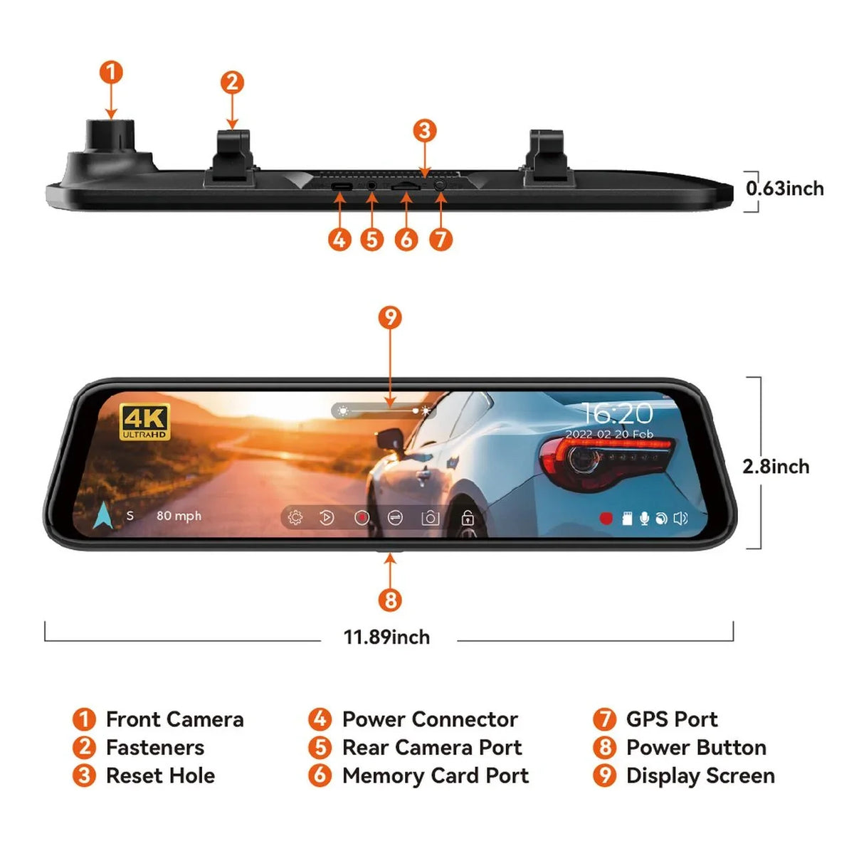 WOLFBOX 12'' Rear View Mirror Dash Cam; 4K Front and 1080P Rear Car Dash Cameras with Super Night Vision; Vehicle; Free 64GB Card & GPS; USB C Port