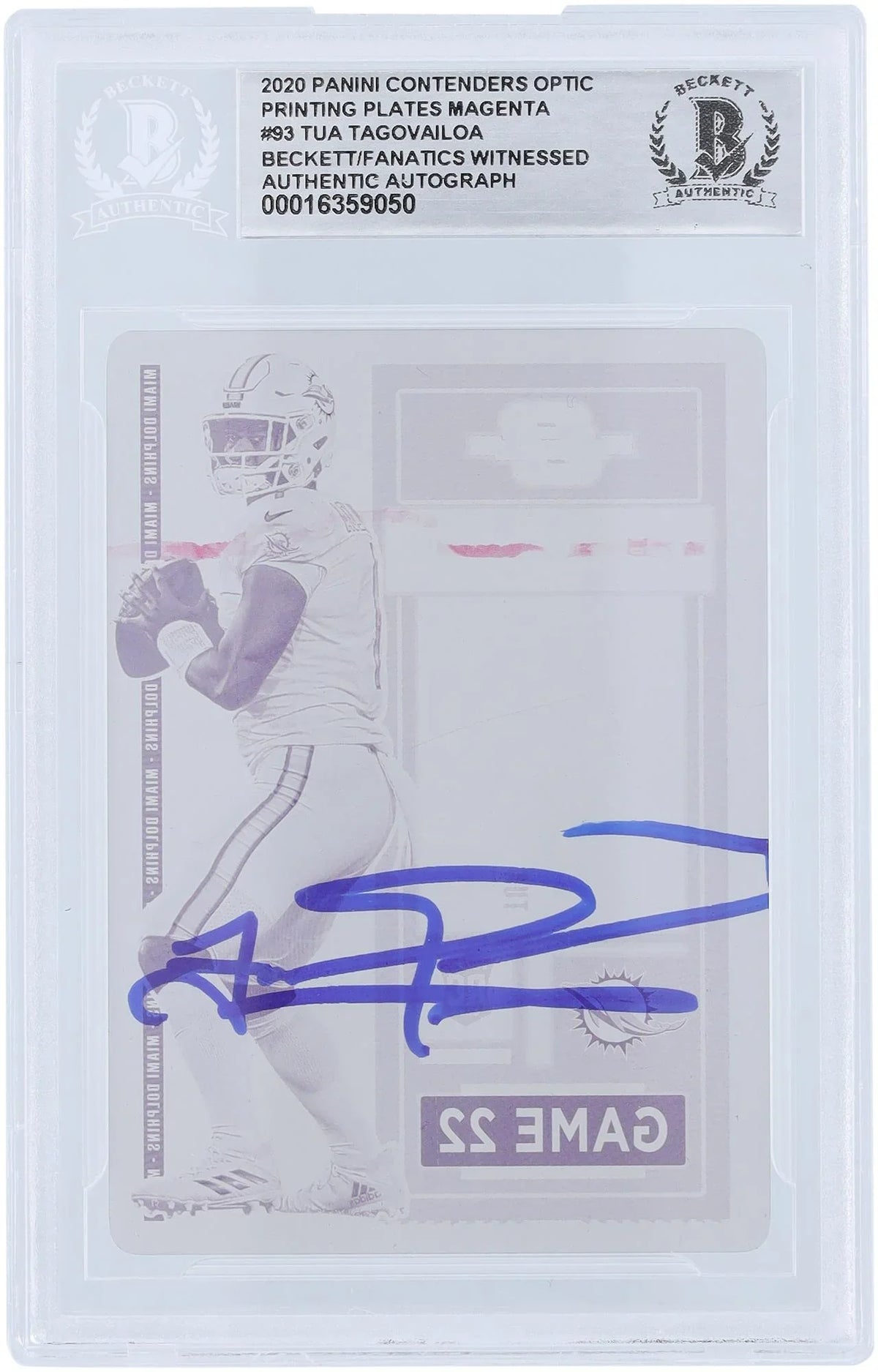 Tua Tagovailoa Miami Dolphins Autographed 2020 Panini Contenders Optic Magenta Printing Plate #93 #1/1 Beckett Fanatics Witnessed Authenticated Rookie Card - Fanatics Authentic Certified